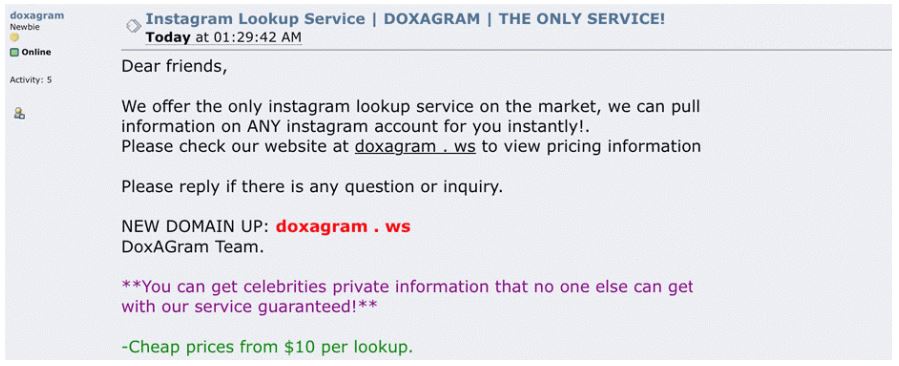 Реклама сервиса Doxagram с предложением покупать персональные данные пользователей Instagram
