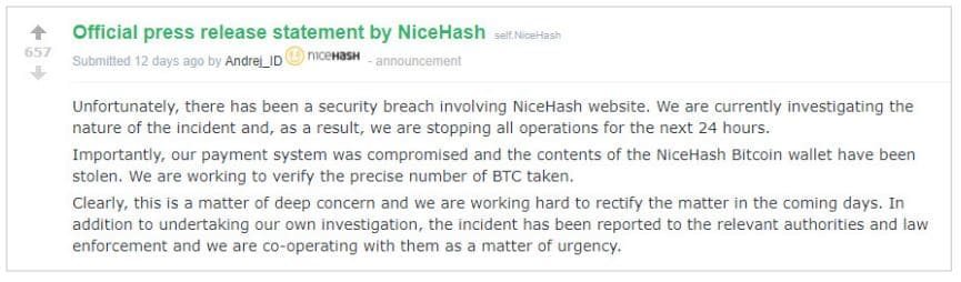 Statement from NiceHash regarding theft of bitcoins