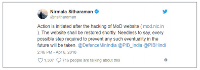 Figure 13. Message about hacking of the Indian Ministry of Defense website
        