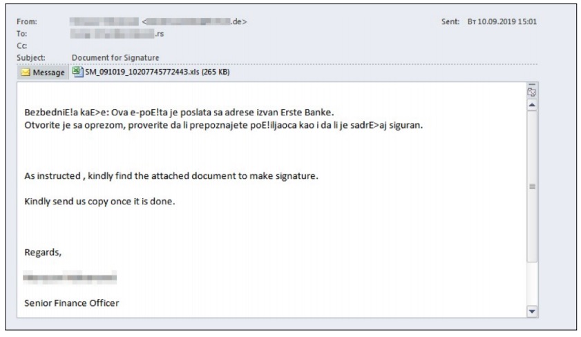 Figure 26. Phishing message from TA505 to a Serbian bank