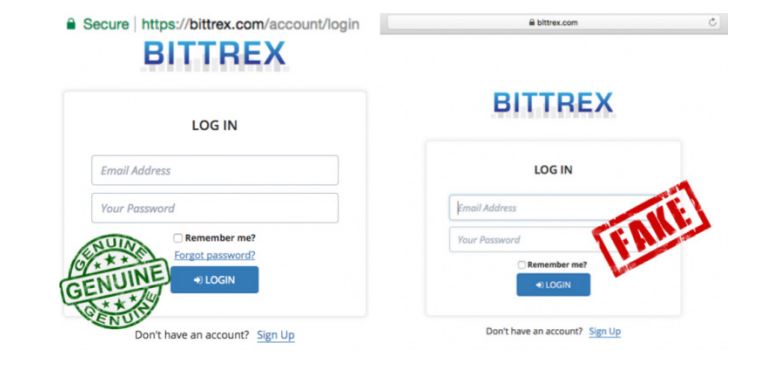 Официальный сайт Bittrex и его фишинговый аналог