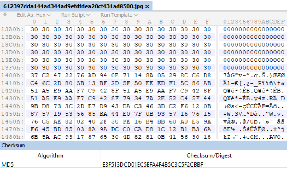 Пример зашифрованного модуля в теле изображения и его хеш-сумма