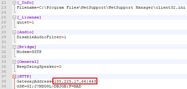 The attacker's address in the form of a NetSupport Manager gateway