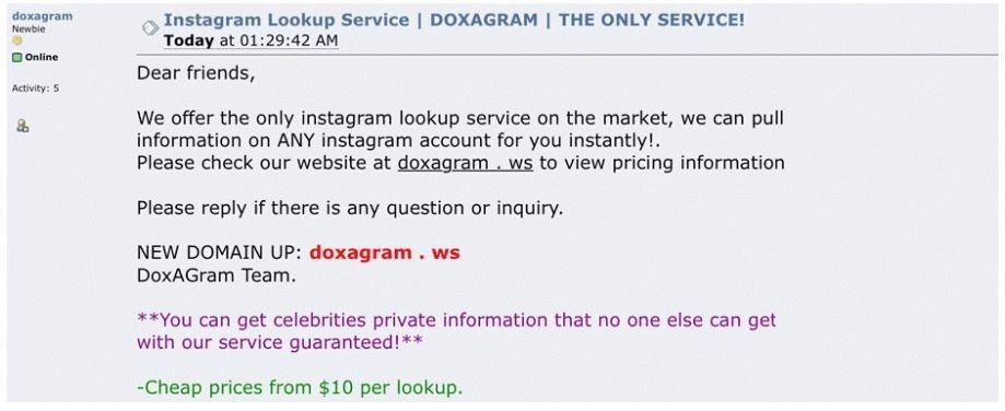 Figure 13. Ad for Doxagram, a service offering the contact information of Instagram users