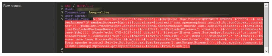 Figure 16. Request aimed at exploiting vulnerability CVE-2017-5638, displayed in the PT AF interface

