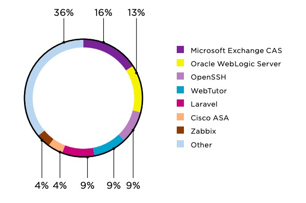 Figure 15. Software in which vulnerabilities were found (percentage of vulnerabilities)