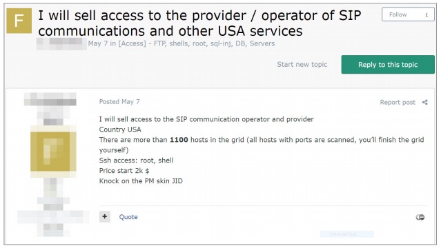 Figure 21. Advertisement for SSH access to a SIP telephony operator