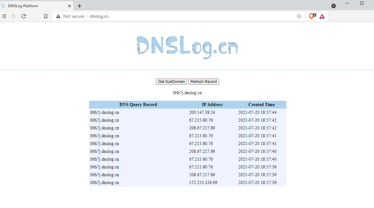 Example of how the dnslog.cn service works